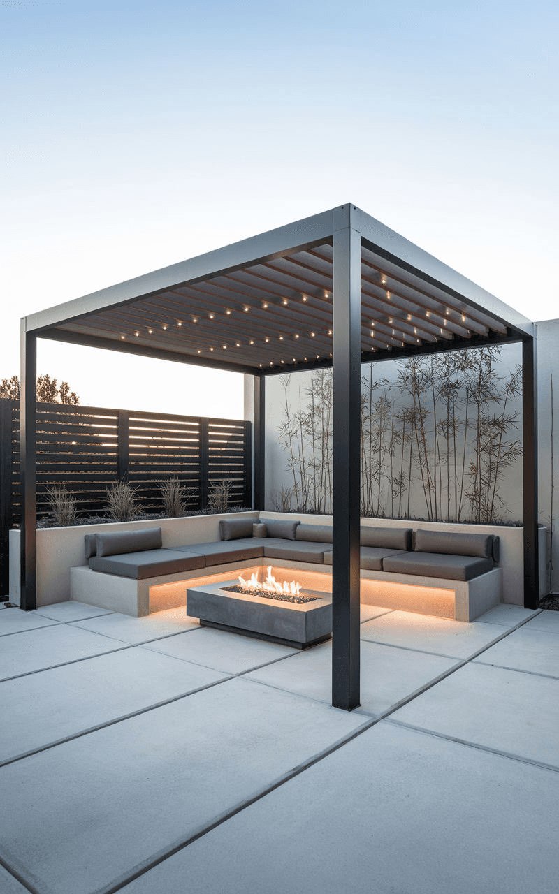 Minimal pergola surrounding a fire feature and built-in seating