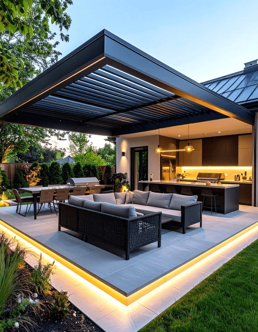 Custom pergola with an outdoor kitchen and lounge terrace