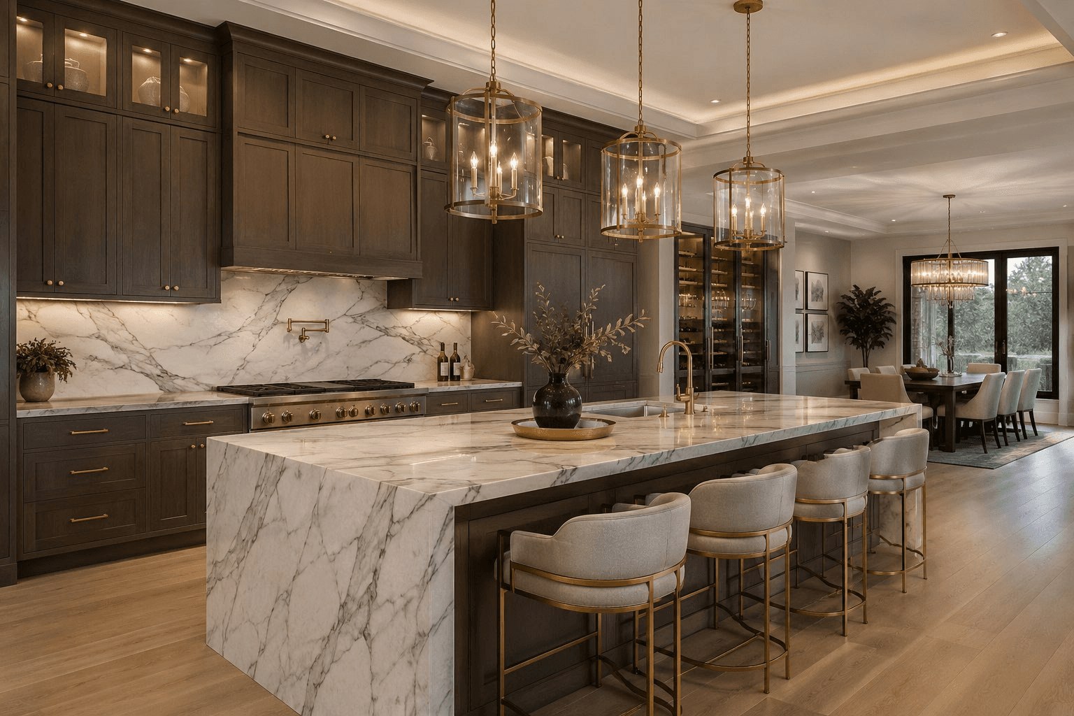 Warm kitchen with a large marble island and taupe cabinetry