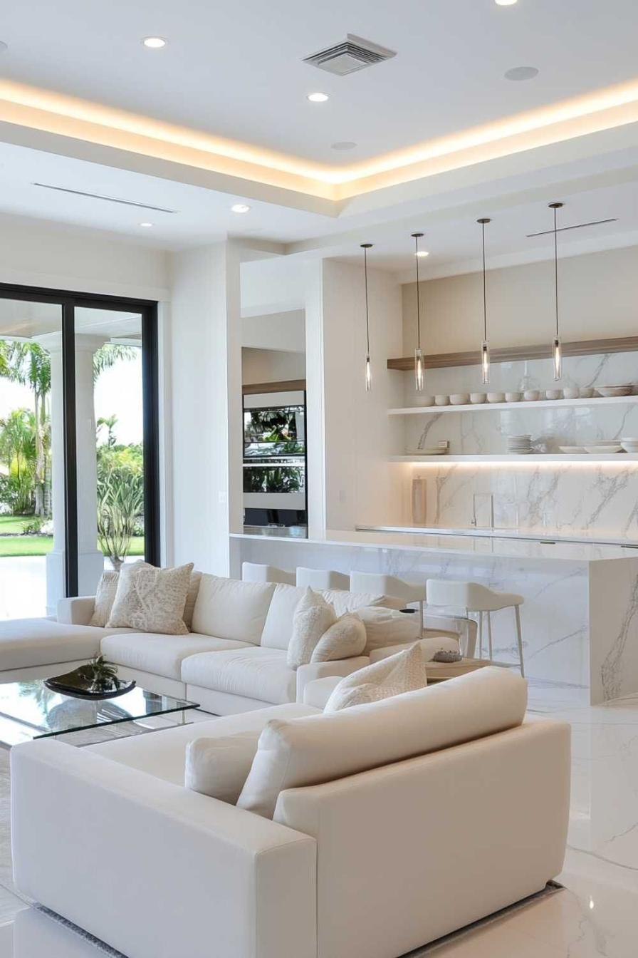 Bright renovated living room and kitchen