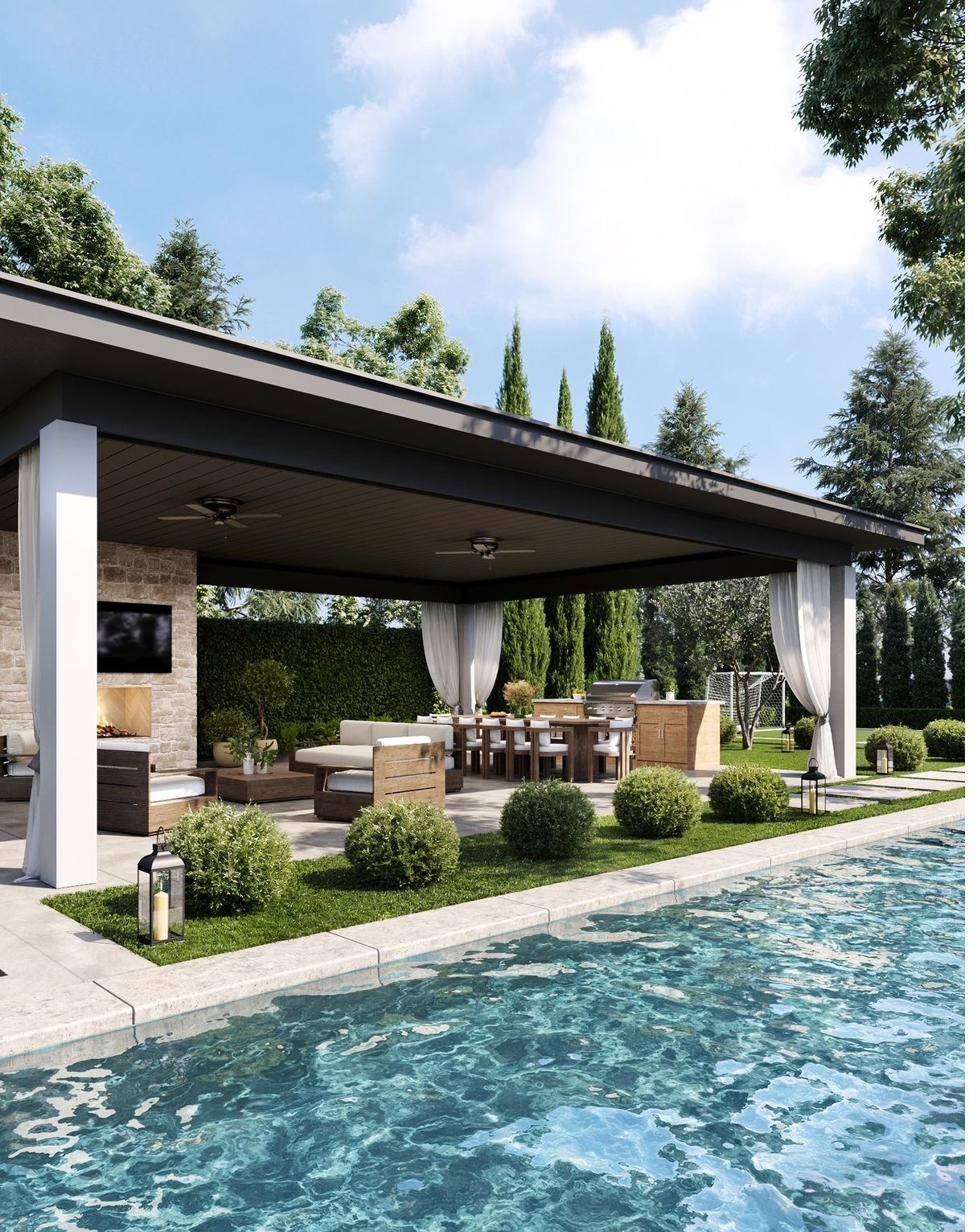 Long swimming pool beside a covered outdoor pavilion