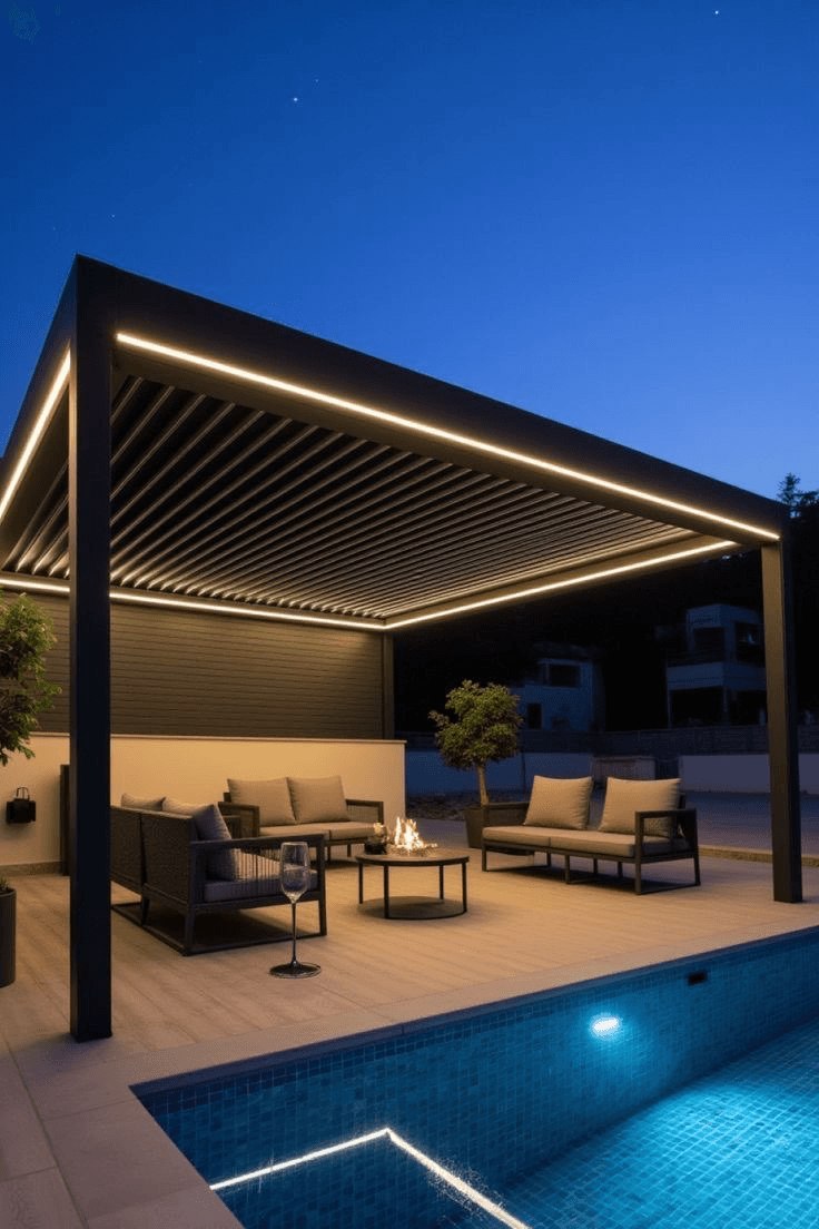 Illuminated poolside pergola at night