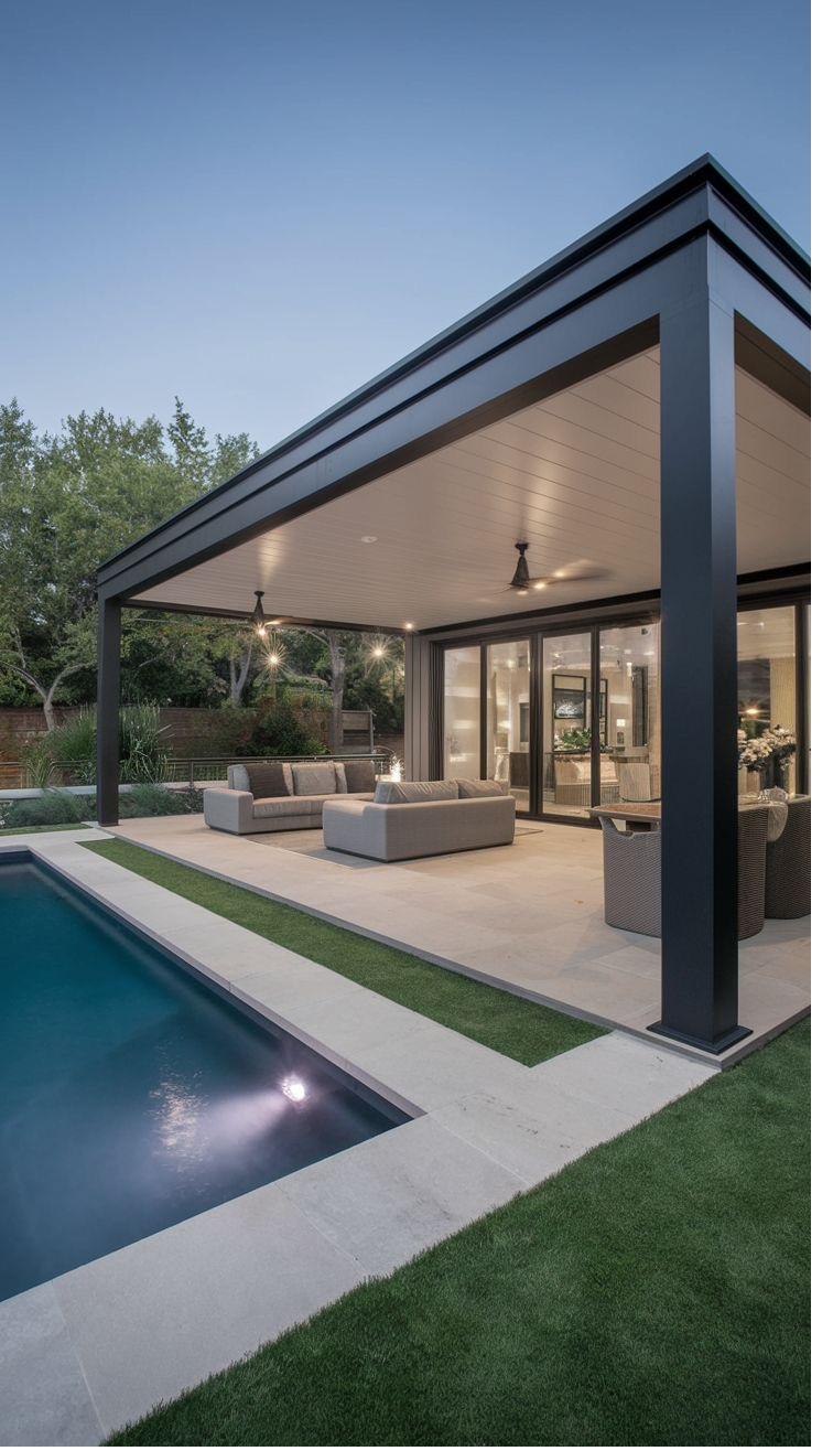 A shaded outdoor terrace alongside a swimming pool