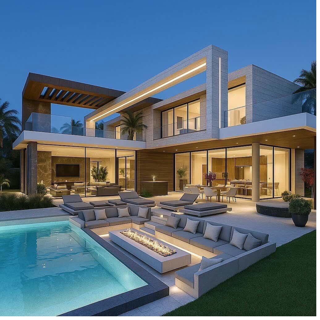 Modern villa and blue pool at dusk with a sunken lounge