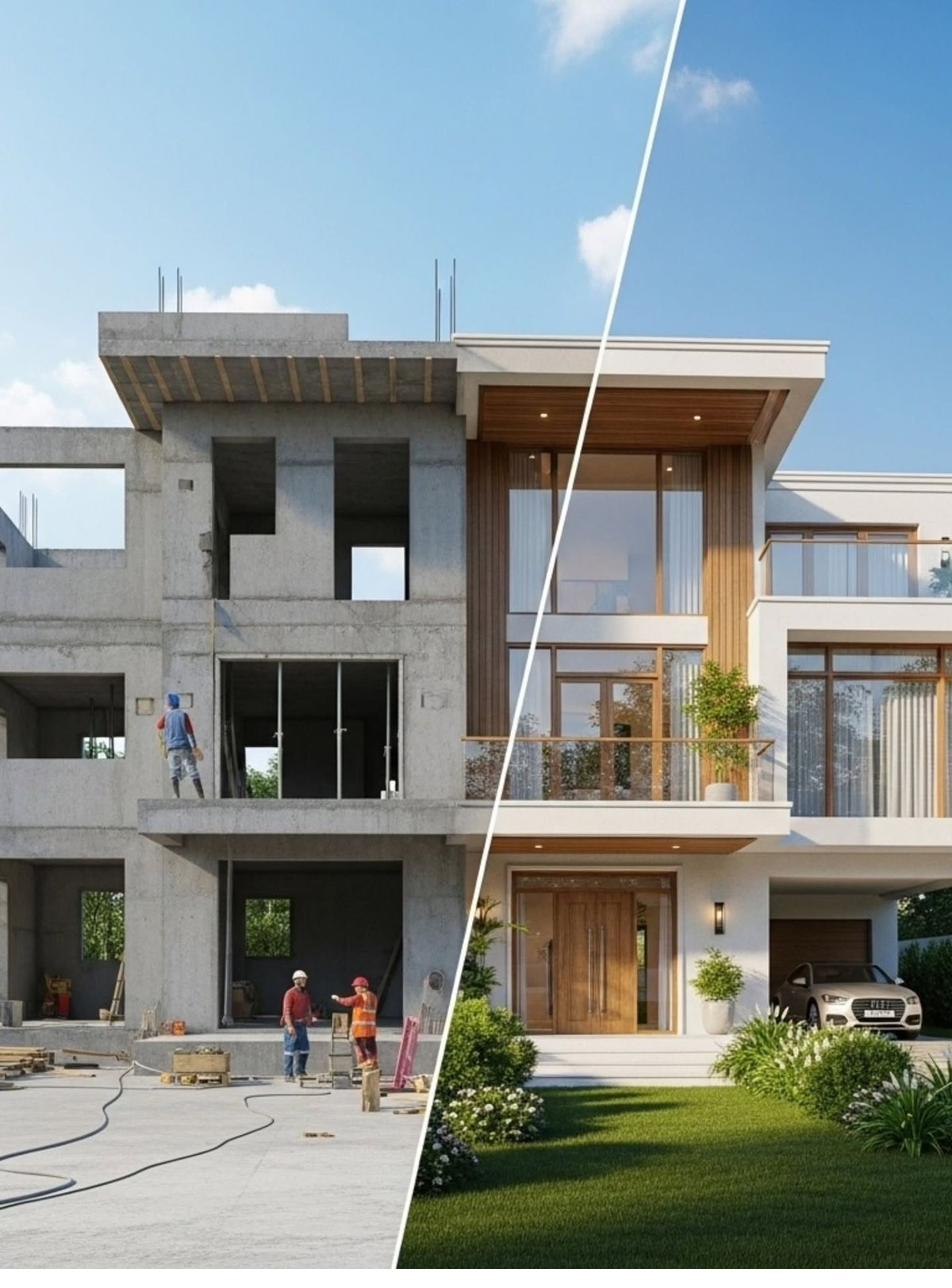 A home shown during construction and after completion
