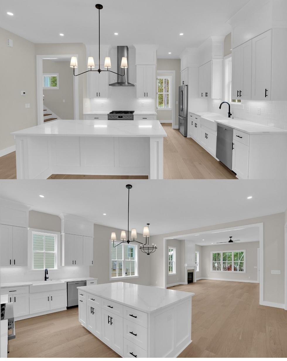 Two views of a bright white kitchen and its windows
